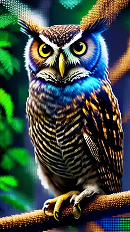 sleepy owl, on a tree branch, chiaroscuro, big eyes, (looking forward at the camera), low-res, 4-bit, trippy, a swirl of bright trippy colors, (((pixel))),(((pixelart)))