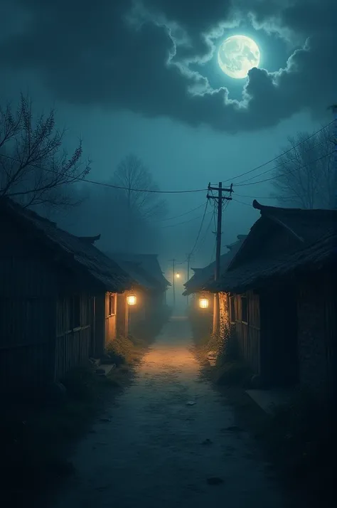 A small rural village at night, with traditional huts, dim lantern light, and fog creeping through empty streets. The atmosphere is eerie, dark clouds in the sky, and a sense of stillness and dread."