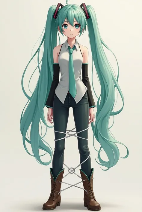 Face to Hatsune Miku .(Show her whole body).  She has her arms behind her back,  her arms are tied with strings ,her legs are tied with strings .( She has a headband around her neck .Shes wearing a Cowgirl ).(She is wearing clothes (shirt and pants) And wo...