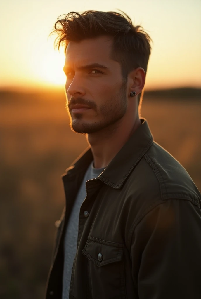 portrait photography, a man in casual wear standing outdoors with a determined expression, blurred background, 3/4 profile, shallow depth of field, sunlight on the side, sunset lighting, Sony A7R IV, Kodak Ektar 100 film, ultra realistic, HD, lifelike --st...