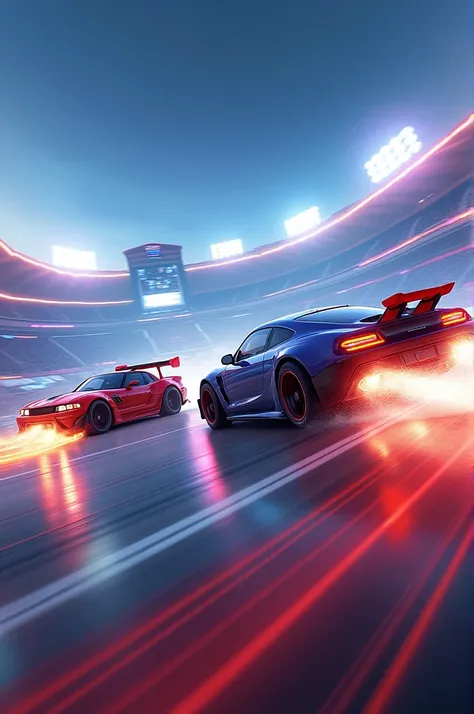 "A thrilling cinematic-style thumbnail featuring two Rocket League cars racing through the sky with flames and vapor trails, intense action, one car is flipping while another is boosting, background of a futuristic stadium with bright lights and glowing el...