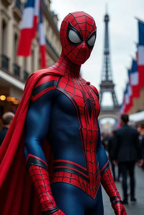 A figure dressed in an elaborate Spider-Man costume, featuring a red and blue design with intricate detailing across the suit. The mask is red and blue  with expressive eyes, staying true to Spider-Man’s iconic look. The costume includes a flowing red cape...