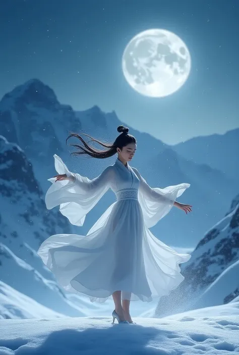 GGGJAAA，make up，huadian ，Hanfu，Magnificent buildings，palace，architecture ， east asian architecture ， highest image quality 、Real images、 is the best quality,masterpiece, highest image quality 、Real images、 Middle,月光下的 snowy mountains顶上，A beautiful woman in...