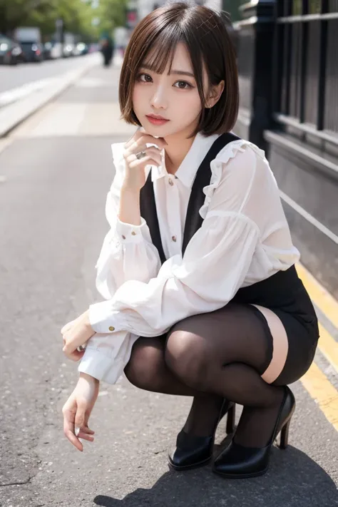  shot by a professional photographer ， Close-up of a woman squatting on the sidewalk with her legs crossed, kiko mizuhara,  , Shirahime、Brown hair cut,  ,  Young Pretty Girl ,  Japanese model, white , Chiho, Random color casual ,Cute eyed waves for short h...