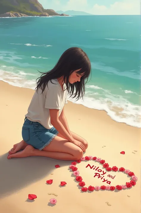 A girl has drawna heart on the ground near theseashore with her own hand and has written the name niloy+priya on it and flower and have been placedon top of the heart