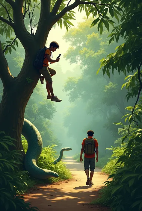 Tow young man walking together in a indian jungle and they saw a snack in the road of jungle one man climb to the tree to save his life and one stand on the road alone