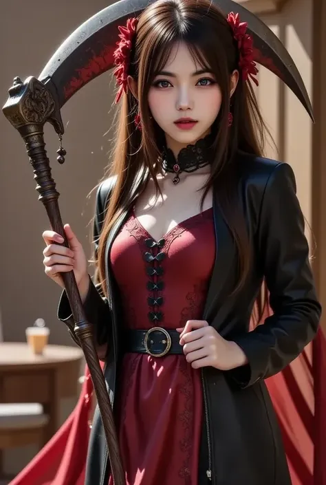 an ultra-high resolution and highly detailed photo of a female necromancer with a scythe of bones in her hand,  the female necro...