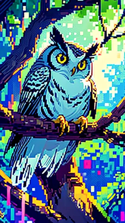 sleepy owl, on a tree branch, chiaroscuro, big eyes, (looking forward at the camera), low-res, 4-bit, trippy, a swirl of bright ...