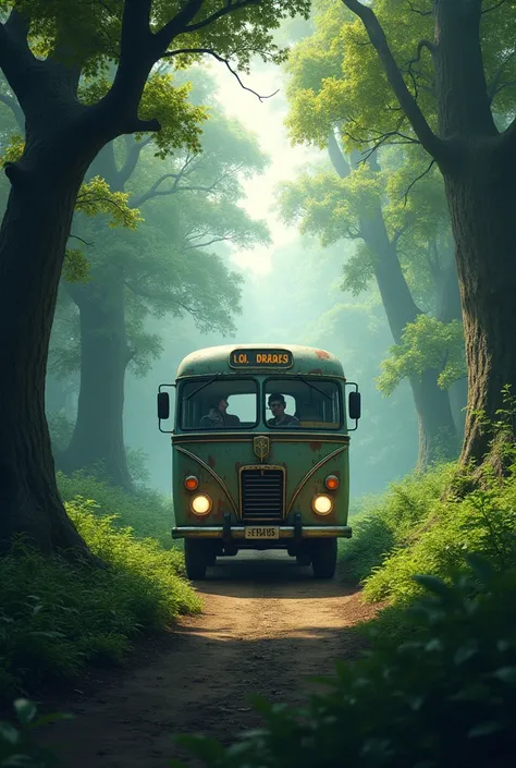 A bus in forest in afternoon moody 