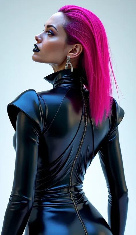 angelina jolie, vue de dos, latex brillant, dominatrice, chemisier en latex blanc, serre taille latex noir, costume longue jupe crayon en latex bleu, ceinture latex noir, futuriste veste courte en latex rose fluo, larges épaulettes en latex rose fluo, cuis...