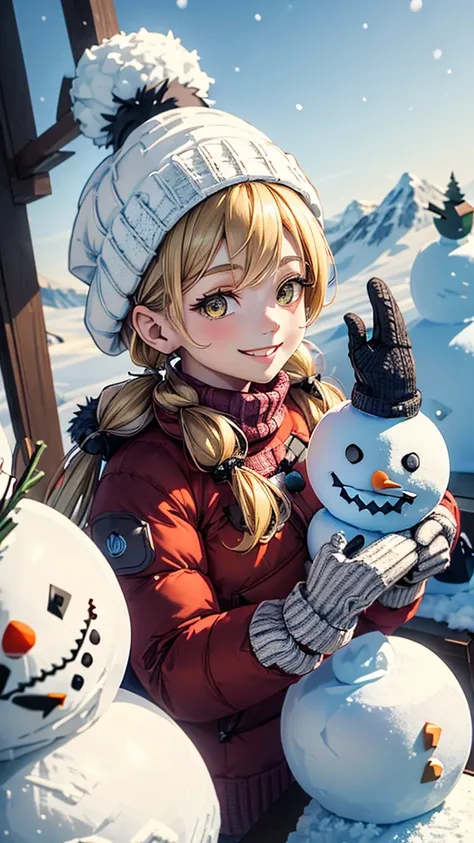 (best quality, masterpiece, Winter, snowfall, snow on the mountain: 1.3), cute 1 girl, (snow Forest, snow Mountain Scenery:1.3), BREAK, (down jacket suit, knitted hat, knitted gloves, holding snowman:1.6), (Happy smile: 1.8) ), BREAK, (Solo: 1.4), (Dynamic...