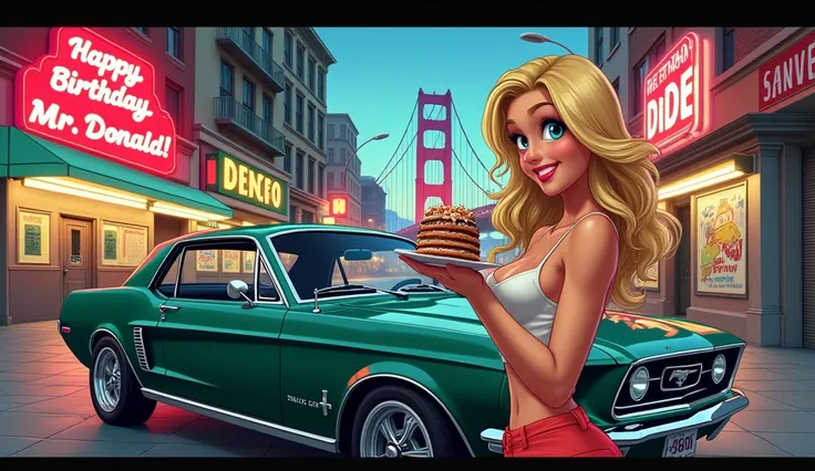 A masterpiece, a boldly brushed anime-style illustration, detailed, humorous, crazy, cinematic lighting, San Francisco cityscape, 1968, attractive blonde, blue-eyed woman smiling and winking, holding a cake, neon sign "Happy Birthday, Mr. Donald!", in brig...