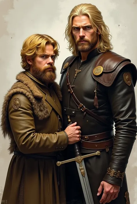 Make me a picture of Tyrion Lannister, who is a dwarf, has yellow hair, has a small scar on his face, and has a beautiful beard. He stands with his brother Jamie Lannister, who is tall, has yellow hair,He looks very beautiful and his face is amazing  and i...