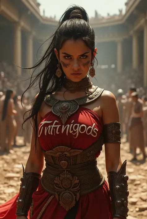 Write the word INFINIGODS on the dress of a gladiator girl who fights with an angry, determined and highly motivated face and blackened both her cheeks.