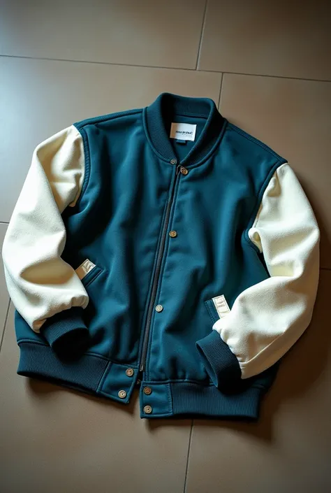 make a back side of varsity jacket for me simple no design in DARK bluish teal color and off white sleeves lying on a floor aesthetic dont make it look silky make it of thick woven fabric