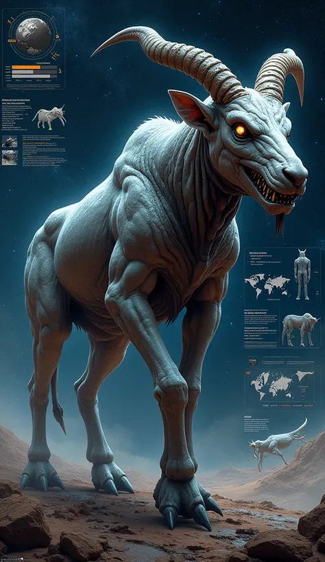 Future evolution extraterrestrial cosmic bovidae carnivora hybrid animal, in infographic data