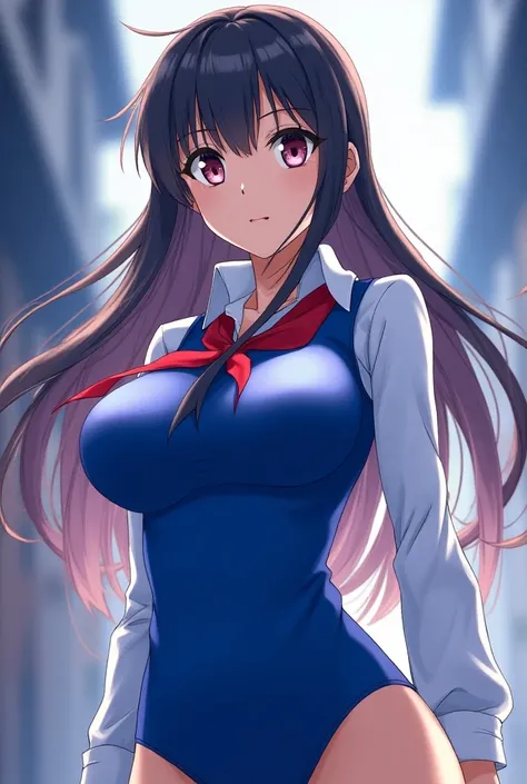  expressive eyes, perfect face, blue bodysuit, long sleeves, red neckerchief, white shirt, serafuku, streaked hair, long hair, Mutsumi Yozakura, big boobs anime full body