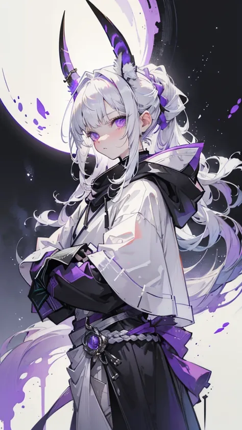  boy rabbit thoughtful look open forehead .  white hair braided in a ponytail on the left side .  sinuous horns wrapped in dark purple ribbon.  black and purple eyes .  white long cloak with a hood inside black . stone walls moonlight on a winter night 