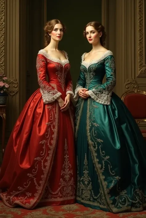 Noble ladies fashion full body in Victorian Era dress red, blue, green