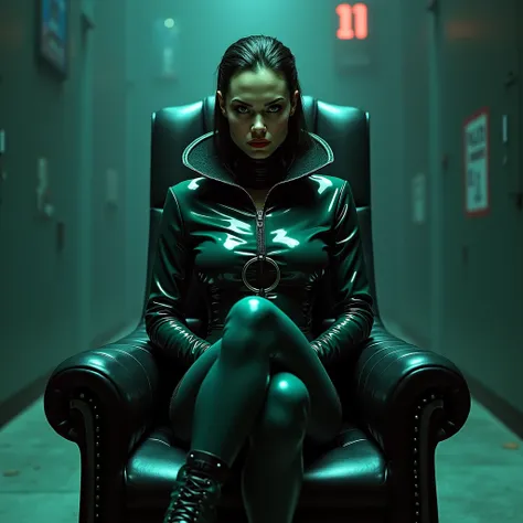 angelina jolie, assise sur un fauteuil jambes croisées, vue de profil, latex brillant, dominatrice, chemisier en latex vert, serre taille latex bleu, long jupe crayon en latex rouge bordeau, ceinture latex noir, futuriste veste courte en latex rouge bordea...