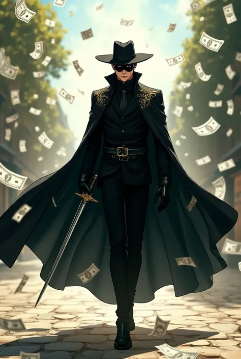 Sexy anime zorro walks through the rain of dollars in full sun 