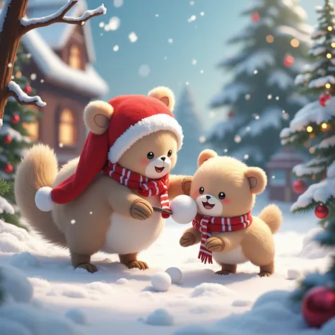 , cute little fluffy furry  robotic christmas creature  disguise playing with friends , throwing snow, happy, , christmas  theme,  3d, anime, , unreal engine, 8k, hd, 