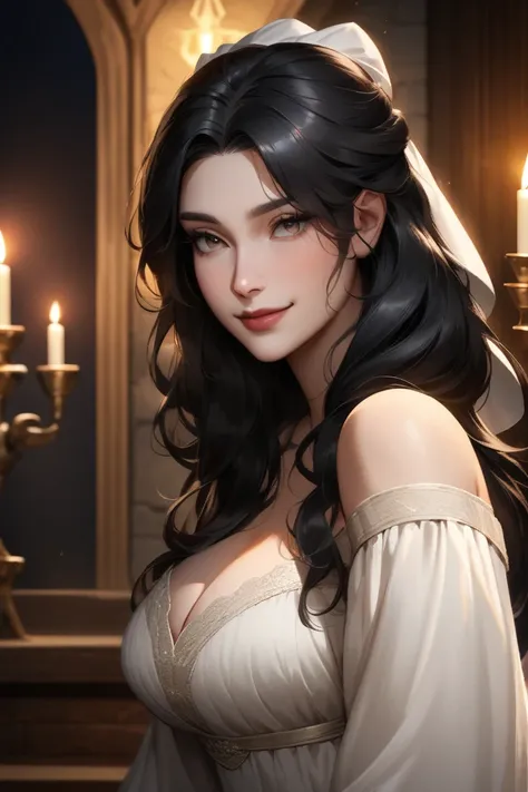 In a semi-realistic anime art style, a Caucasian medieval woman with long black hair is walking into a candlelit room, wearing a peasant wedding gown that shows off sultry curves, she has a mischievous smile, focused mainly on upper body and showing a hint...