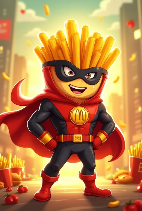 make a fries to be a super cute and cool super hero with fries on his background