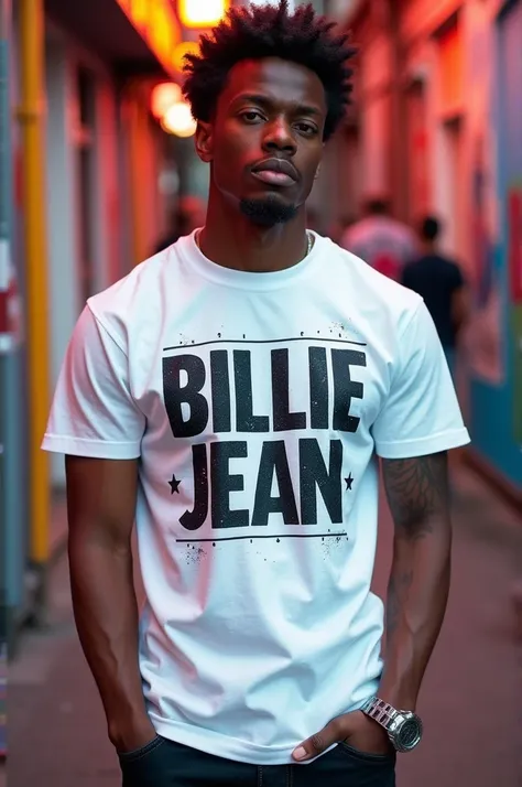 A white t-shirt with Billie Jean written over it boldly lettering 