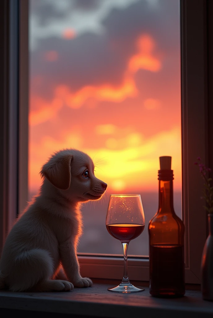 A little puppy looking forlornly outside at a beautiful sunset. The puppy is smaller than a wine glass. He looks lonely.
Next to the puppy are a wine glass and a wine bottle. super high resolution, masterpiece, very detailed, attention to detail, high qual...