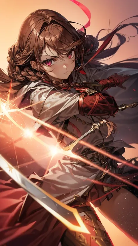 (shining pink eyes), ((brown hair with red poi)) braids, (half up hair), ((cool knight outfit)), (cool skirt), (red poi silver colored gauntlets) ((holding a rapier))) ((royal palace background)), best quality,, (illustration 0.8), (beautifully detailed ey...