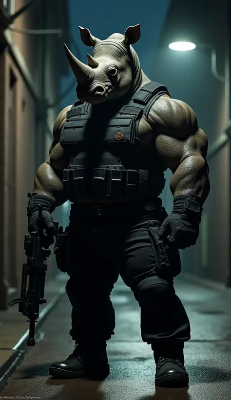 Here’s a prompt for a rhino as a hitman:

"Create an image of a powerful, human-sized rhino turned hitman, standing in a dark alley at night. The rhino wears a black tactical outfit, with a bulletproof vest, and a pair of dark sunglasses, adding to its int...