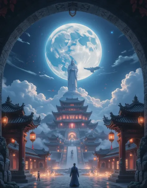 the night，themoon，game scenes，Ancient Chinese palaces are located above the clouds，surrounded by cloud，Homem-Imponente，glazed tiles，BUDDHA STATUE，Lanterns，gorgeous color，In the foreground are three arches((Color ink)),( (Splash ink ) ), ((Splash ink) ink})...