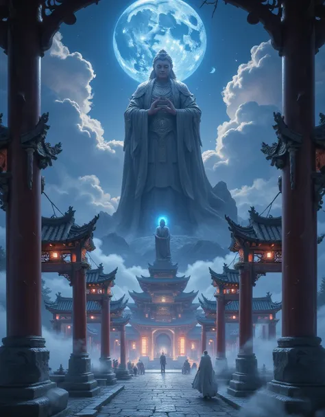 the night，themoon，game scenes，Ancient Chinese palaces are located above the clouds，surrounded by cloud，Homem-Imponente，glazed tiles，BUDDHA STATUE，Lanterns，gorgeous color，In the foreground are three arches((Color ink)),( (Splash ink ) ), ((Splash ink) ink})...