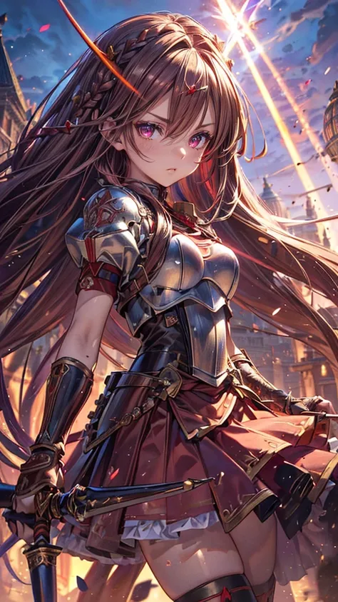 (shining pink eyes), ((brown hair with red poi)) braids, (half up hair), ((cool knight outfit)), (cool skirt), (red poi silver colored gauntlets) ((holding a rapier))) ((royal palace background)), best quality,, (illustration 0.8), (beautifully detailed ey...