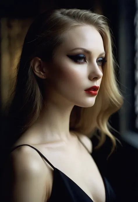 Photograph by Serge Lutens (1.8), pale skin, ((evil slavic woman)), long dark blond hair, in profile, wide angle dim atmosphere, dark atmosphere, stunning, modern, dark, clean, artsy indoor surrounding, casting a dreamlike atmosphere eyes reflect some ligh...