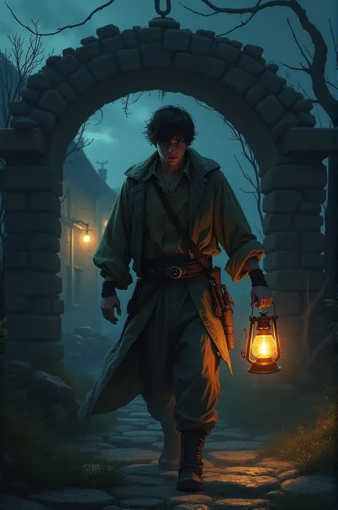 A young man cautiously approaching an ancient well at night, holding a lantern. His face shows a mixture of fear and determination. The village is dimly lit in the background, with an eerie and suspenseful atmosphere."