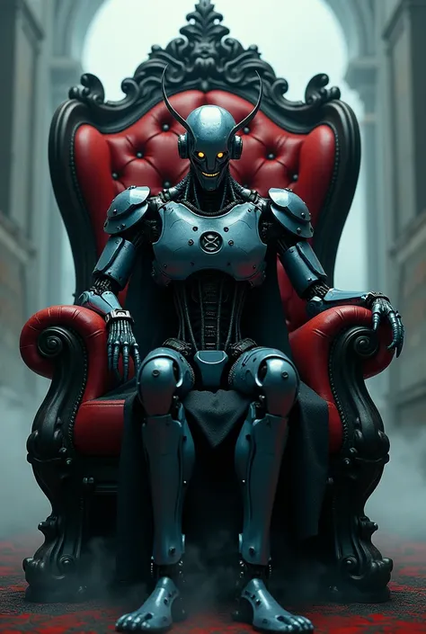  a robotic creature sitting in a large, stately black chair，The corners of the mouth showed a wicked smile ， looked ahead with an unimpressed face ，, dark wind, contrasting colors ，Front view