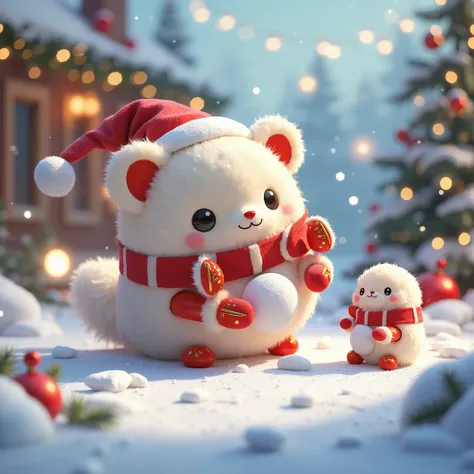 , cute little fluffy furry  robotic christmas creature  disguise playing with friends , throwing snow, happy, , christmas  theme,  3d, anime, , unreal engine, 8k, hd, 