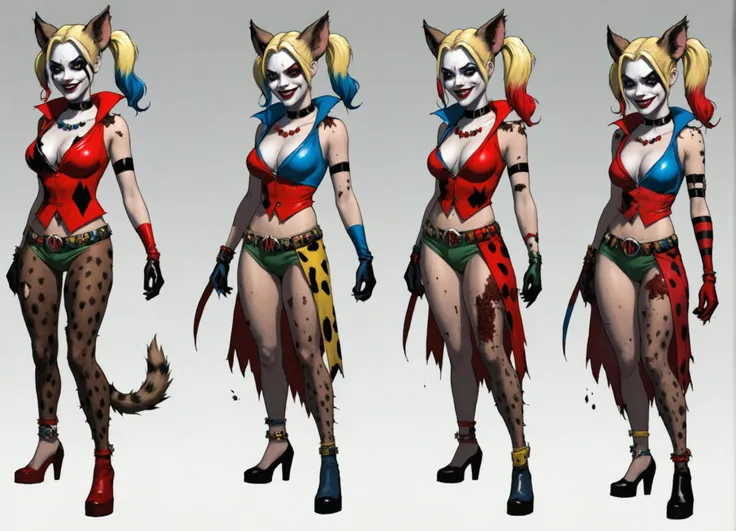 transformation sequence, Harley Quinn into hyena woman, 3-part left to right, clothes torn