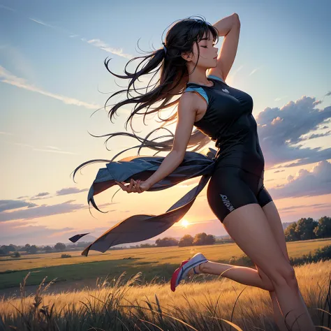 A scene of a person posing 、 in a yoga pose in a large prairie being blown by a gentle wind