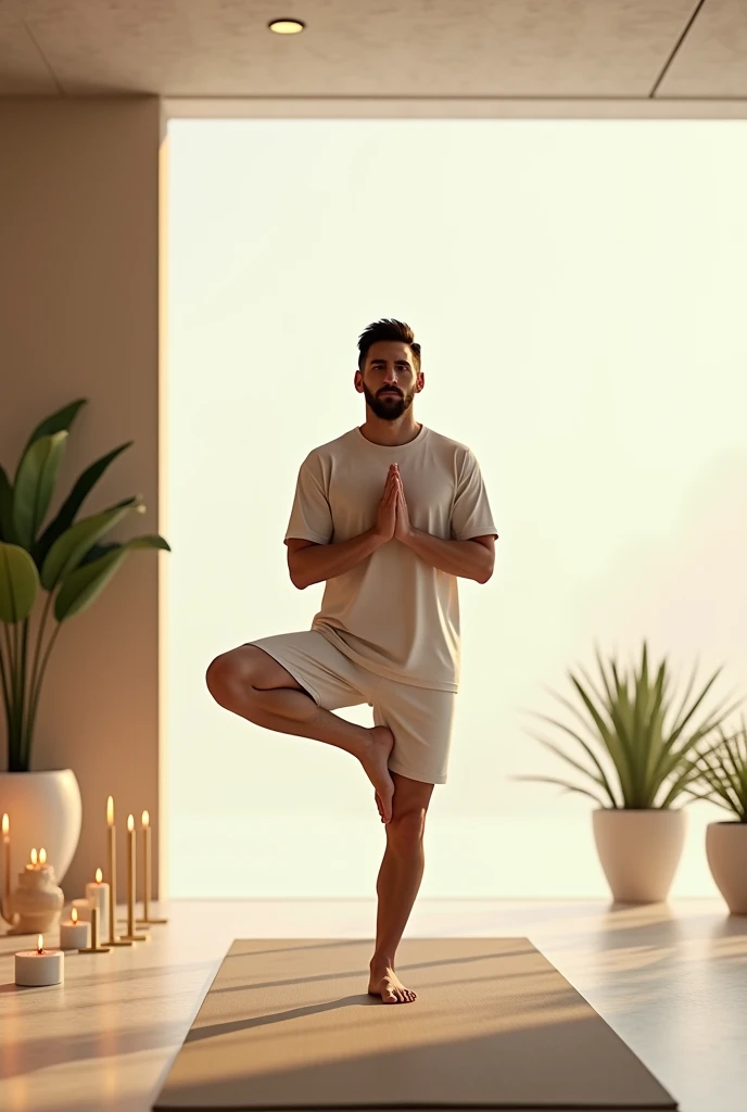 Messi in a peaceful yoga studio, doing a yoga pose like the Tree Pose. Hes calm, with a serene expression, in a bright, minimalistic room with plants and soft lighting. A yoga mat is beneath him, and there are soothing elements like candles or incense arou...