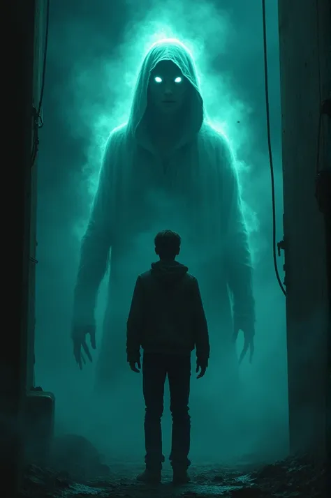 A ghostly woman appears in front of a terrified young man, her eyes glowing with rage. The atmosphere is thick with tension, the air heavy, as the young man stands frozen, staring at the ghost. The surroundings are dark and haunting."