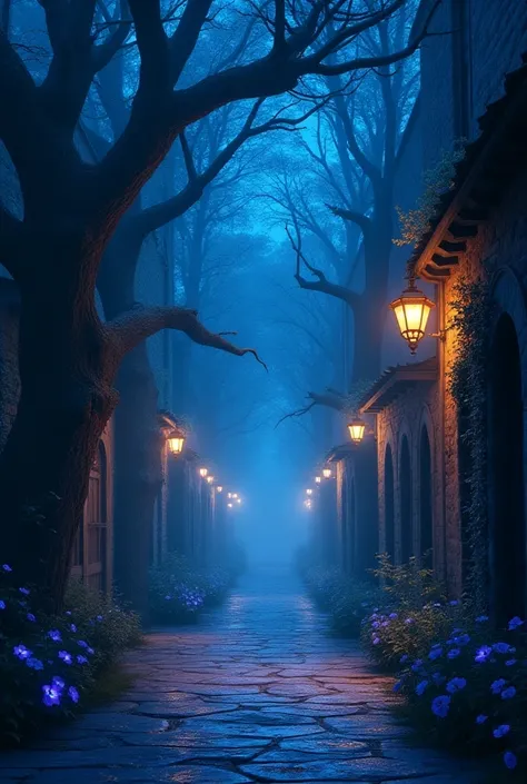 Visualize a mystical alley infused with an otherworldly charm, as if stepping into a realm where reality and fantasy intertwine. The alley is lined with ancient, gnarled trees whose branches reach like skeletal fingers towards the starlit sky. Bioluminesce...