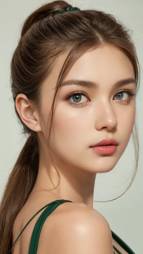 beautiful, green eyes, (best quality, ultra details), (realistic:1.37), beautiful and detailed face, ultra-realistic texture, exquisite face, Delicate body, red lip gloss stick, Bright colors. high definition, 8k.