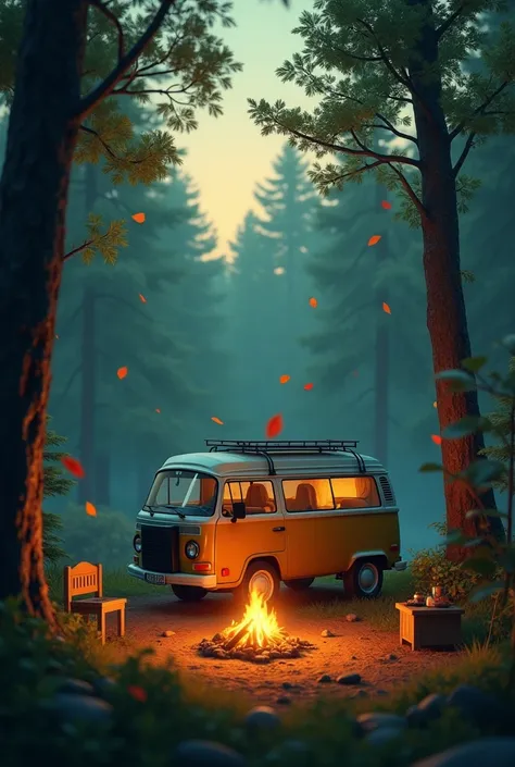 A small van in forest evining climate with campfire and some leafs are coming by the wind 