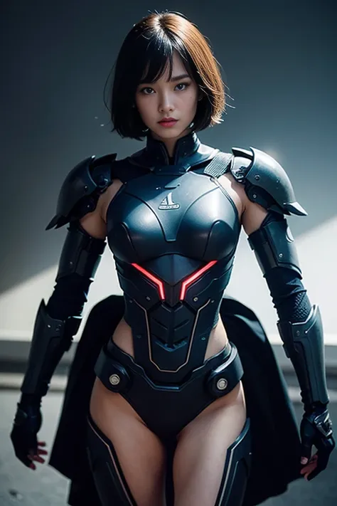 whole body、Real Photo、 PORTRAIT、 1 cyborg girl holding a gun、 beautiful well-groomed face、 BALANCED FACE 、Black Hair、 bob cut、 white skin、 Toughened Abs、Thin chest、Chest skin、Mechanically designed armor 、（ sailor suit）、（ super high quality:1.3）、masterpiece...