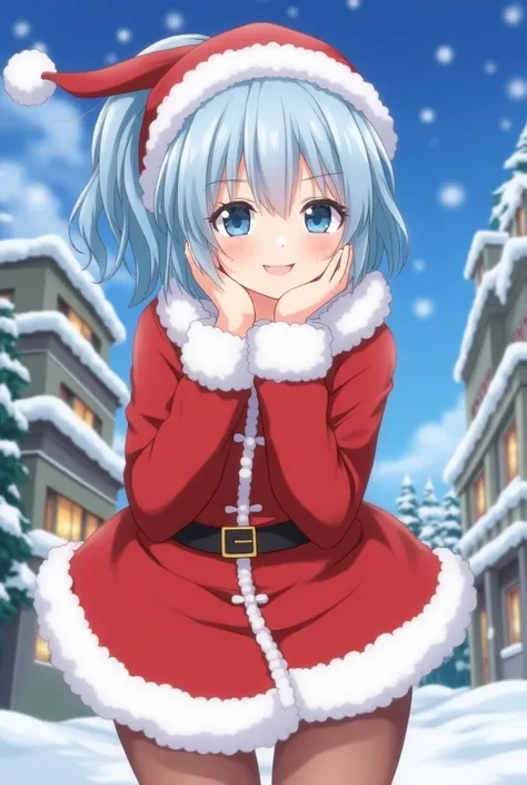 Animation Japanese girls hair color is light blue, hairstyle is short, ponytail outfit is Santa Claus, expression is smiling, pose is random, background is a winter city, Christmas landscape, big boobs