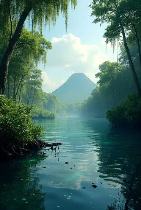  landscape atmosphere of mangrove forest in the morning . covered by dew ,  with the background of an active volcano .  clear water so that you can see some jkan and crocodiles.