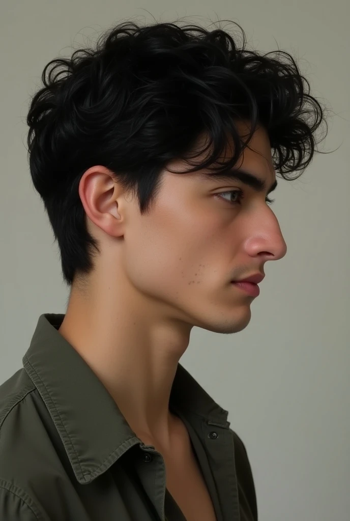 A white boy with a typical Italian strong aquiline hooked nose. medium wavy hair extremely black, 21 years old pale skin, extremely black hair. high qualiy. its a boy 21 years, profile view, typical Italian big prominent aquiline hooked nose. View from the...